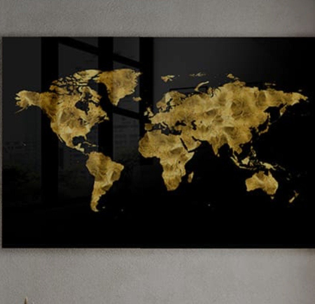 Glasschilderij Gouden Wereldkaart Kunstwerk op Zwart, Ophalen of Verzenden, Zo goed als nieuw, Schilderij, 100 tot 125 cm