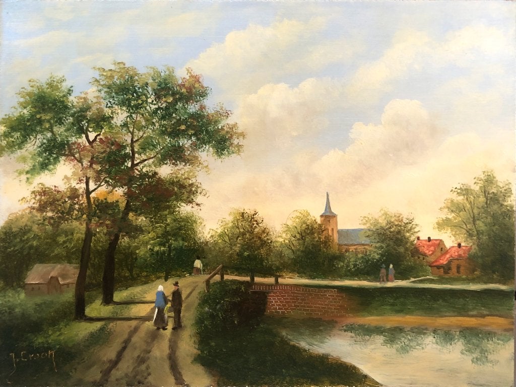 J. Croon Schilderij 'Nederlands tefereel met dorp en kerk', Antiek en Kunst, Ophalen of Verzenden
