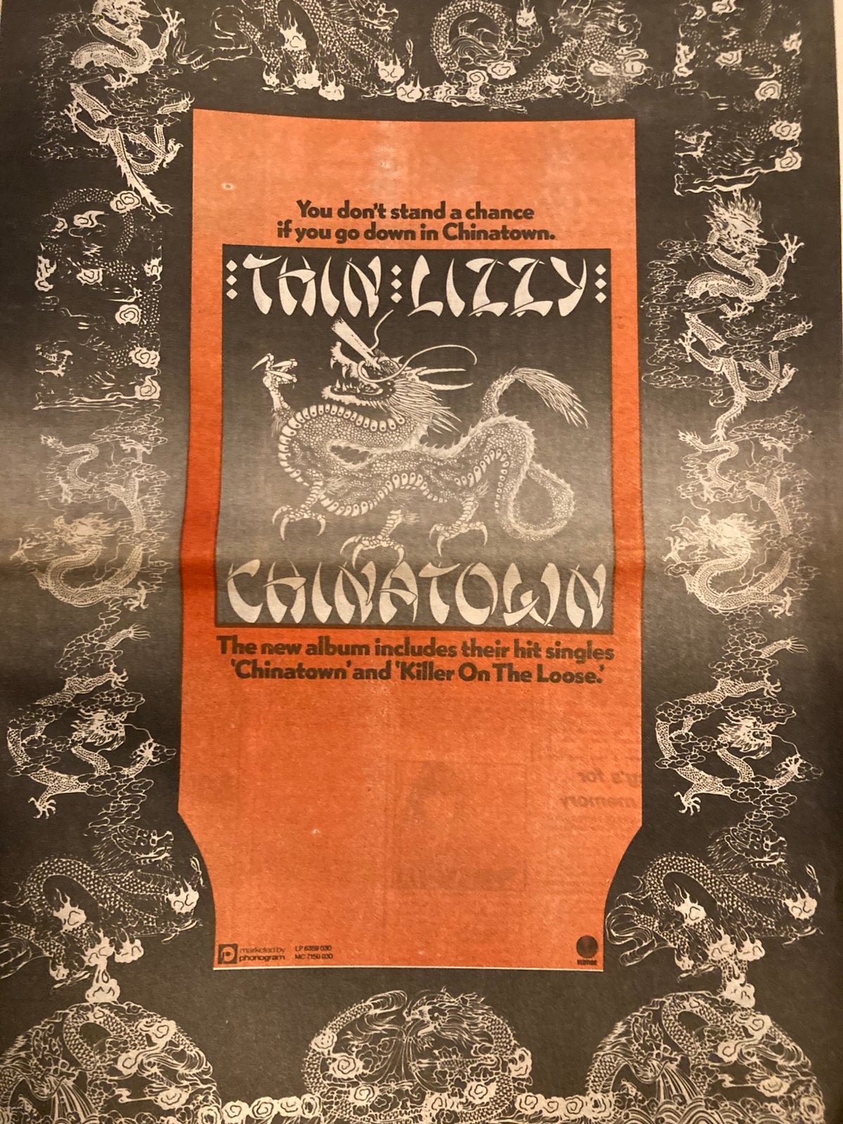 Paginagrote A3 advertentie THIN LIZZY China Town release, Cd's en Dvd's, Vinyl | Hardrock en Metal, Ophalen of Verzenden, Zo goed als nieuw