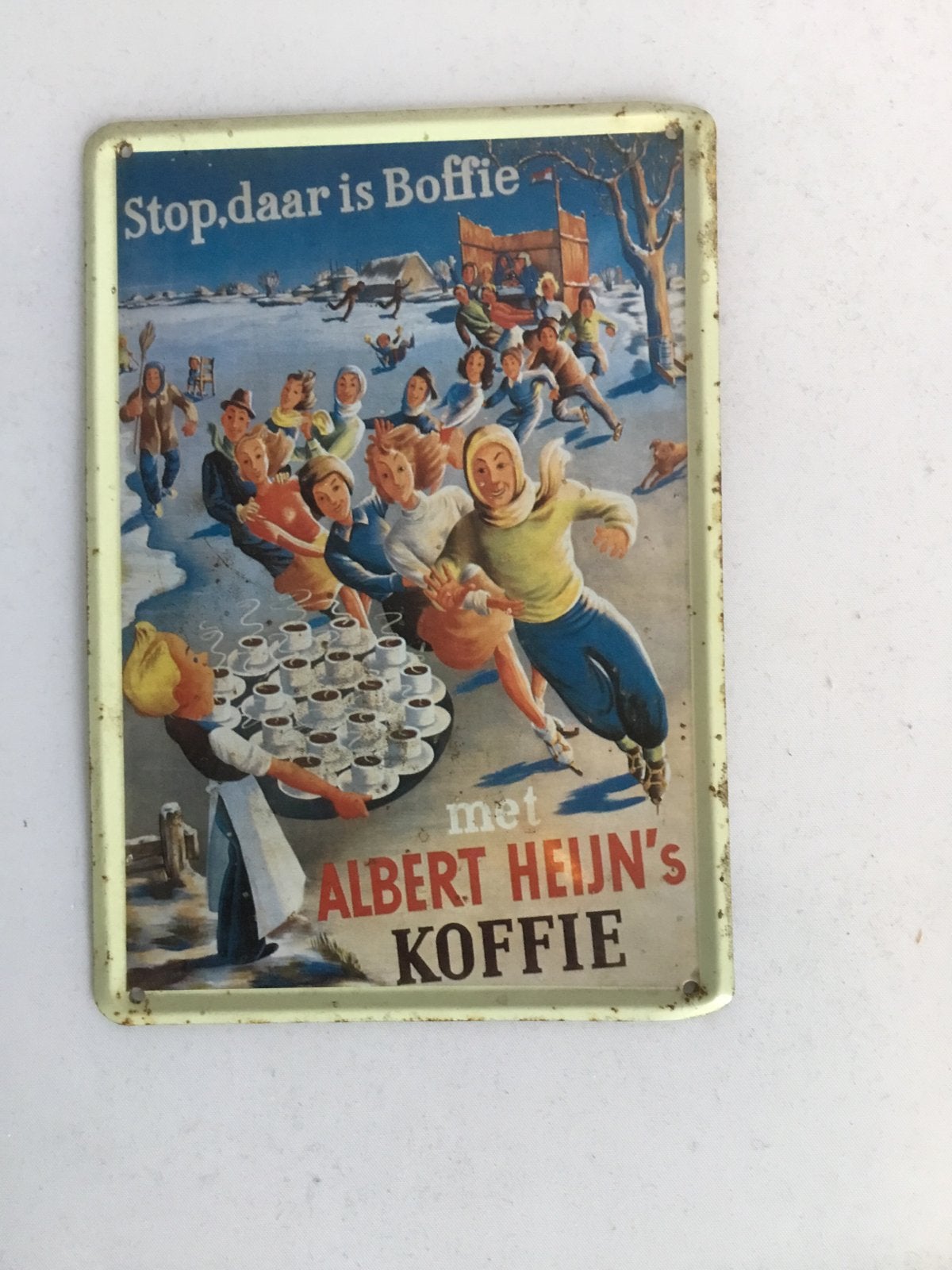 Vintage Albert Heijn emaille reclamebord - Schaatsen met Bof, Antiek en Kunst, Ophalen of Verzenden