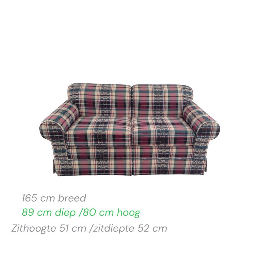 Twee-zits bank Nieuw 165 cm breed.Ruitstof rood-groen-creme., Ophalen, Klassiek, 150 tot 200 cm, 75 tot 100 cm