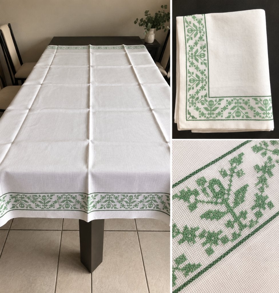 handgeborduurde tafelkleed wit/groen, Huis en Inrichting, Gebruikt, 130 cm, Linnen, Ophalen of Verzenden