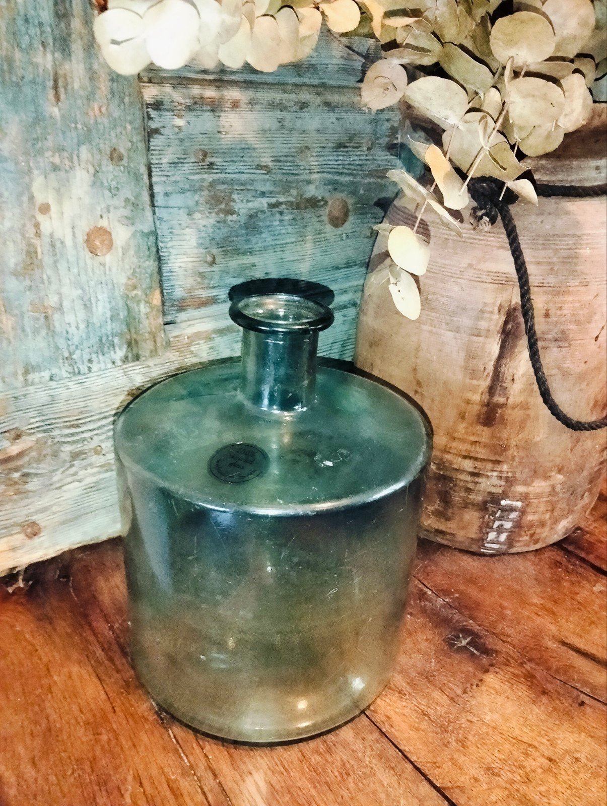 Grote groen kleurige fles vaas uit Spanje, Gebruikt, ., Ophalen of Verzenden, Glas