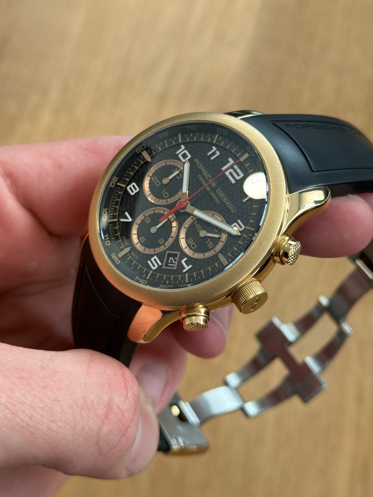 Porsche Design Dashboard 42mm 18K Roségoud 2010 Compleet, Sieraden, Tassen en Uiterlijk, Horloges | Heren, Gebruikt, ., Kunststof