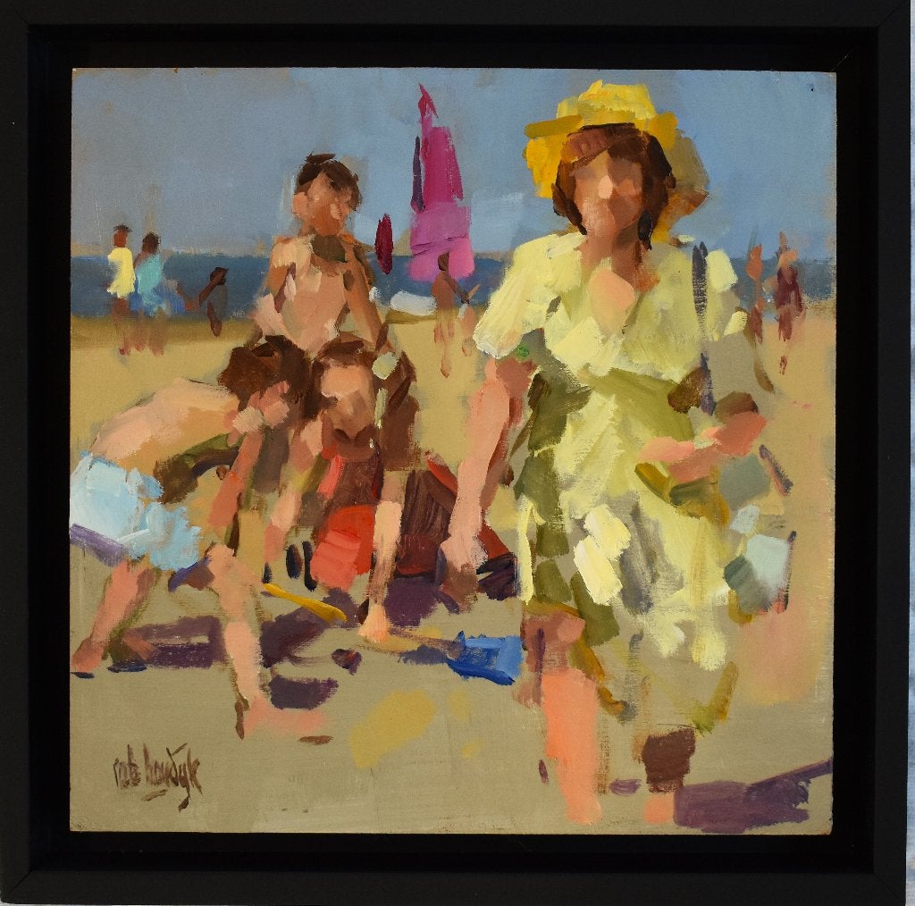Rob Houdijk,  klein miniatuur paneeltje,strand afbeelding., Figuren, Hout, Ophalen of Verzenden, Gelimiteerde oplage