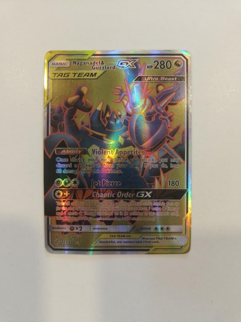 Naganadel & Guzzlord GX Tag Team Pokémon Kaart, Ophalen of Verzenden, Zo goed als nieuw, Losse kaart, Foil