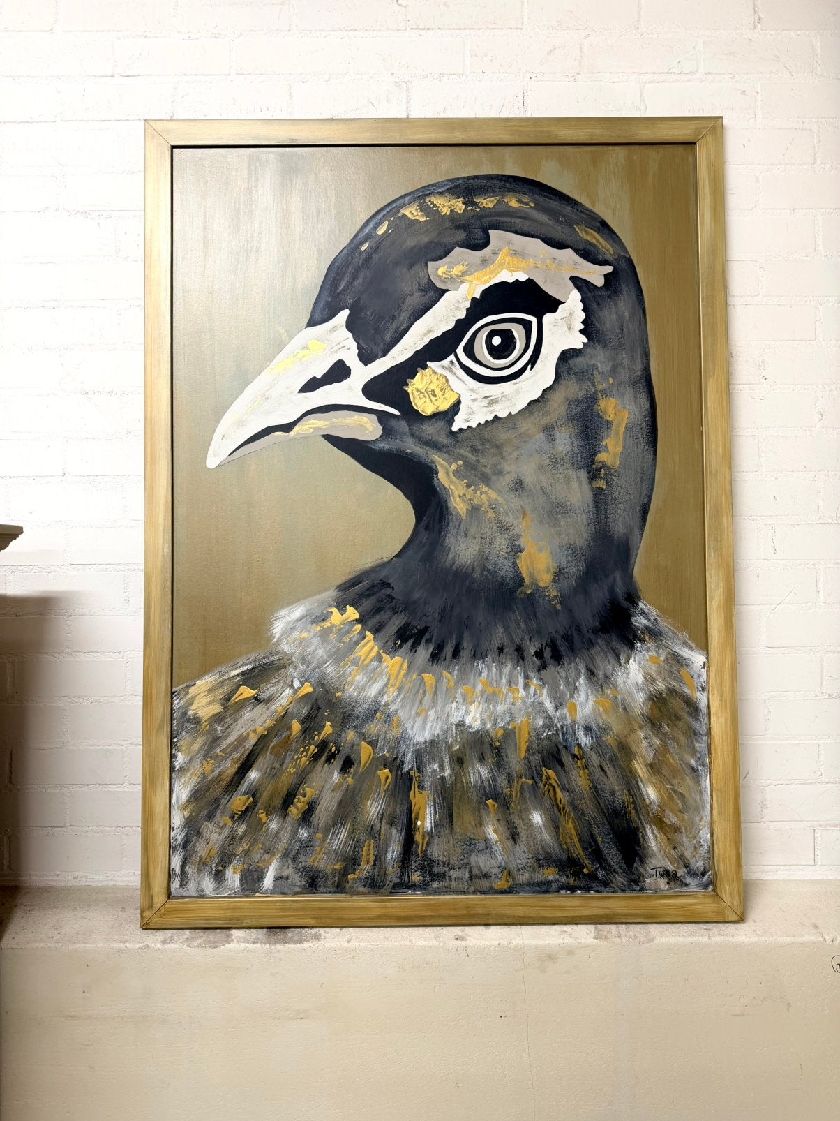 Xxl schilderij paneel goud taupe vogel kunst groot decoratie, Ophalen