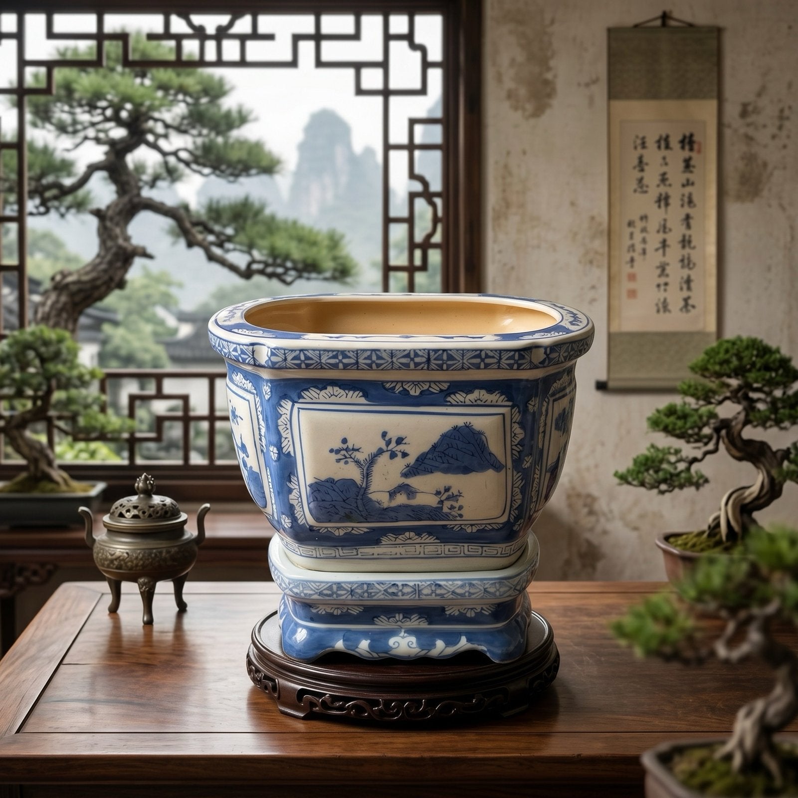 Antieke Chinese Blauw-Witte Porseleinen Bonsai Pot, Antiek en Kunst, Ophalen of Verzenden