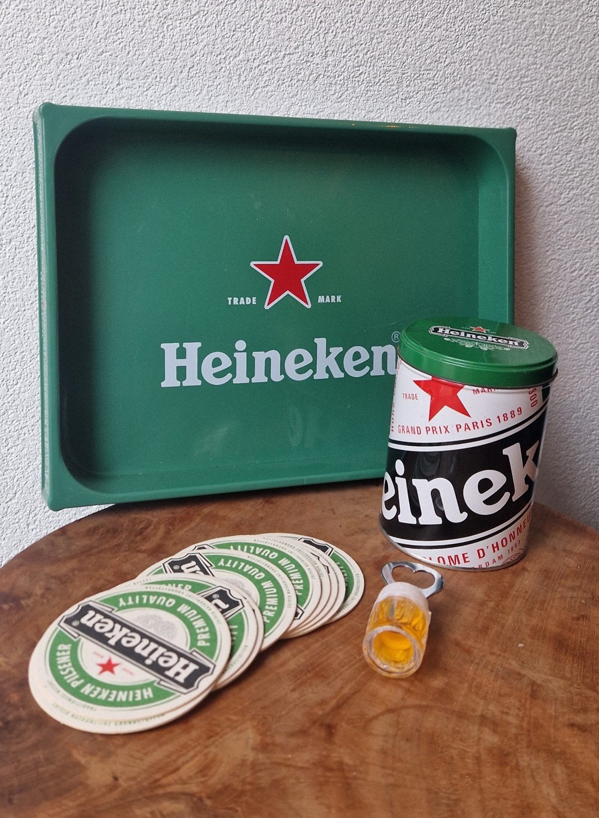 Heineken dienblad, blik, onderzetters en flesopener, Ophalen of Verzenden, Gebruikt, Overige typen
