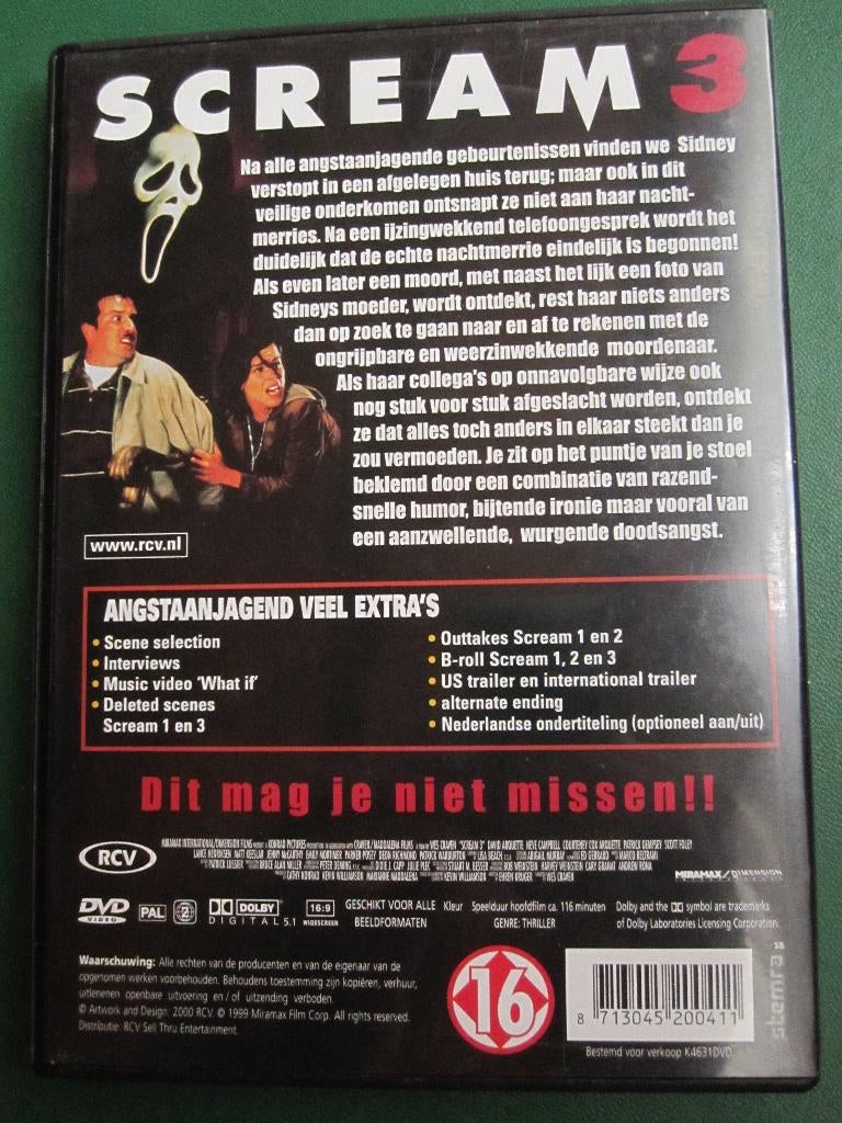 Scream 3 (1999), Cd's en Dvd's, Dvd's | Thrillers en Misdaad, Zo goed als nieuw, Actiethriller, Vanaf 16 jaar, Ophalen of Verzenden