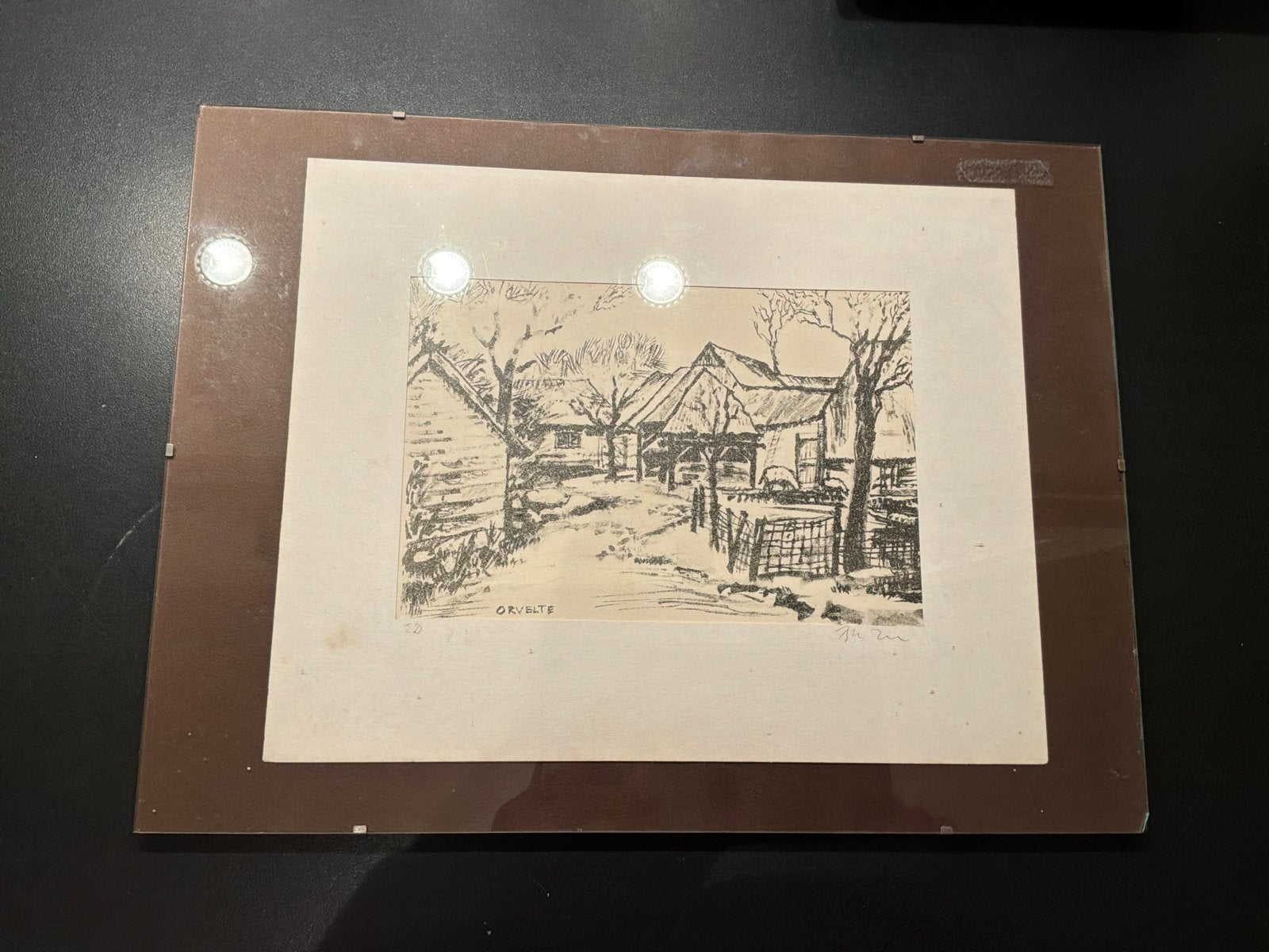 Krijttekening oude boerderijen te - Orvelte - gesigneerd, Antiek en Kunst, Ophalen of Verzenden