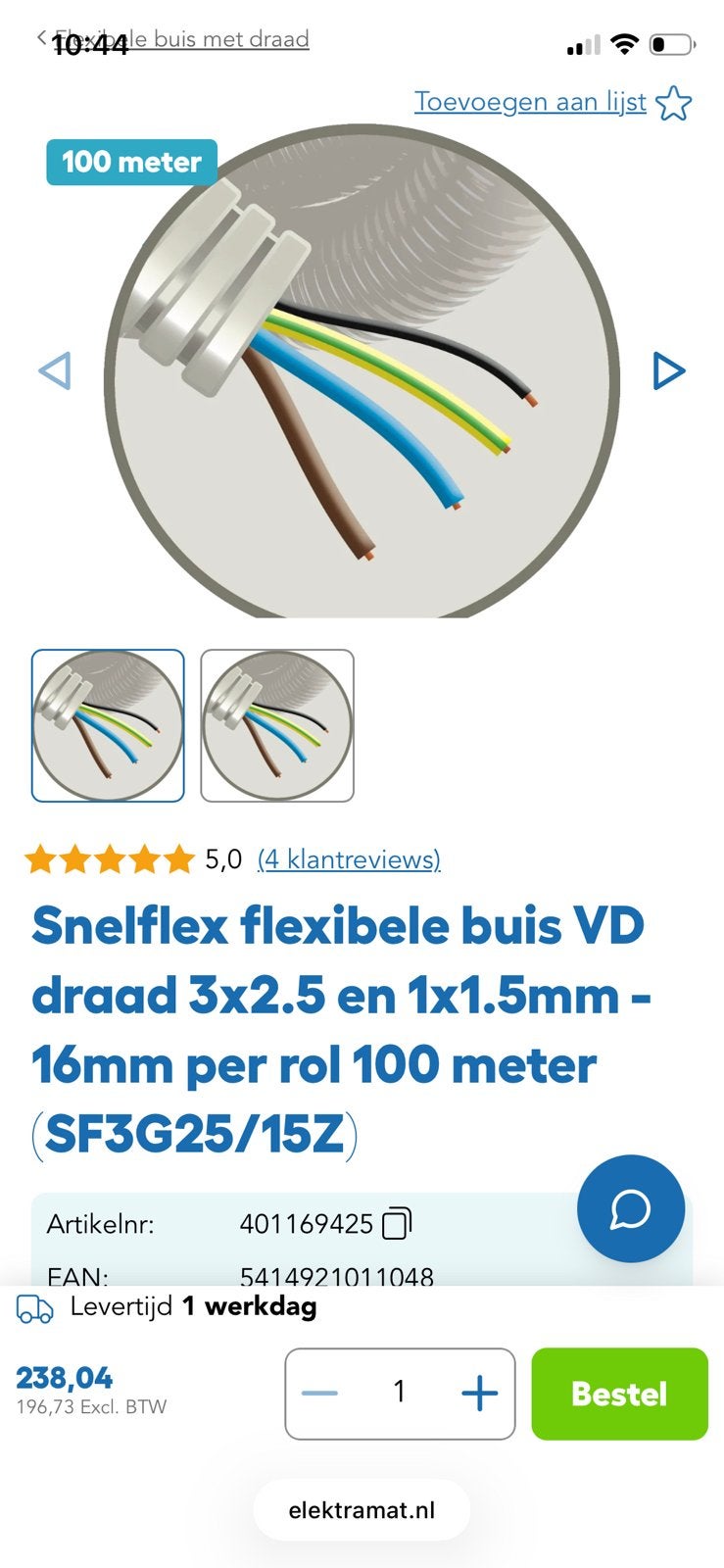 Snelflex flexibele buis VD draad 3x2.5 en 1x1.5 mm, Doe-het-zelf en Verbouw, Ophalen, Zo goed als nieuw