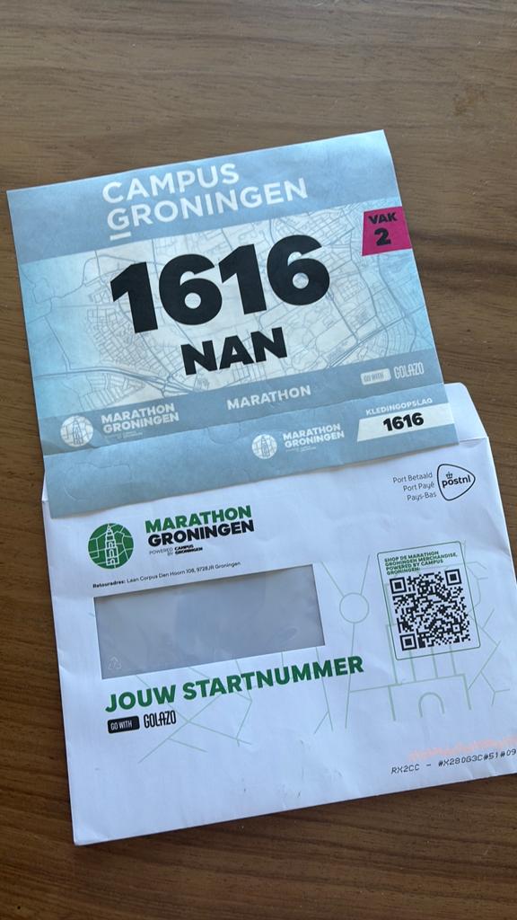 Startbewijs marathon Groningen, Sport en Fitness, Loopsport en Atletiek, Ophalen of Verzenden, Nieuw