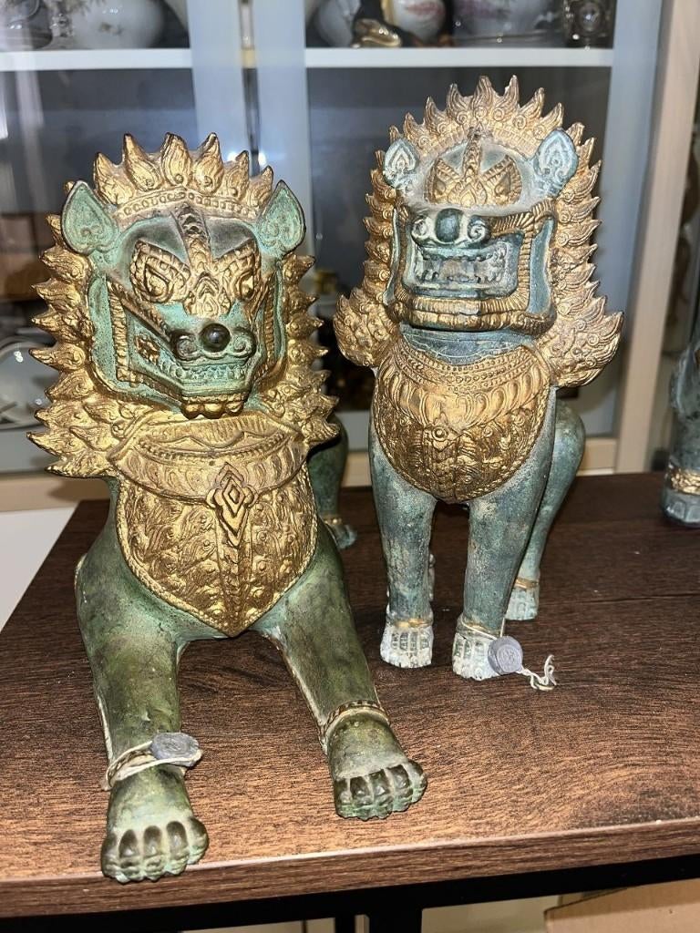 Verguld bronzen Singha-leeuwen Khmer-tempelbewakerfiguur, Antiek en Kunst, Ophalen of Verzenden