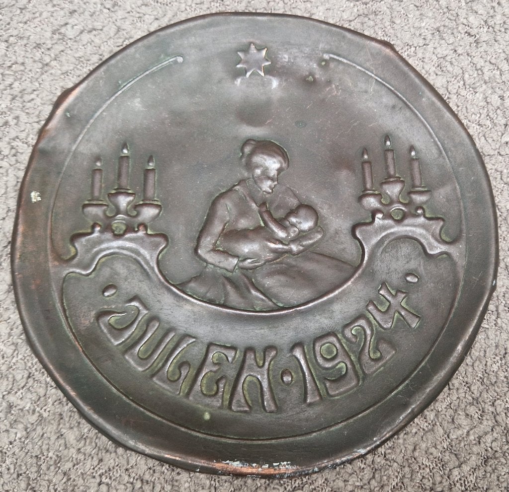 Antiek Deens kerstschild Jugendstil JULEN 1924 moeder & kind, Ophalen of Verzenden, Gebruikt