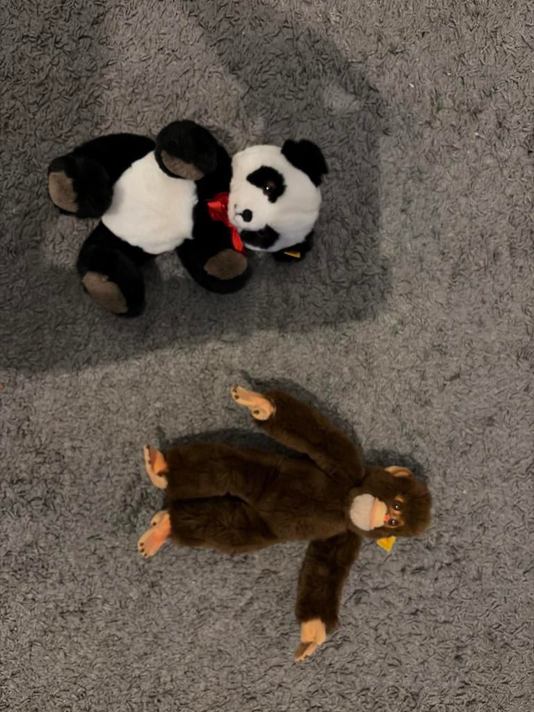 Steiff knuffels: Panda en Aap - Zo goed als nieuw, Overige merken, Overige karakters, Zwart, Ophalen of Verzenden