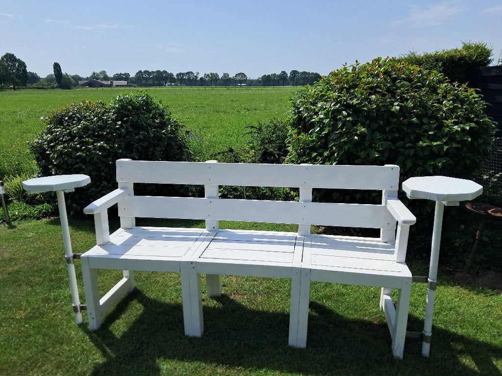 Witte 3 zits tuinbank met 2 plateaus, Ophalen, Nieuw, Hout