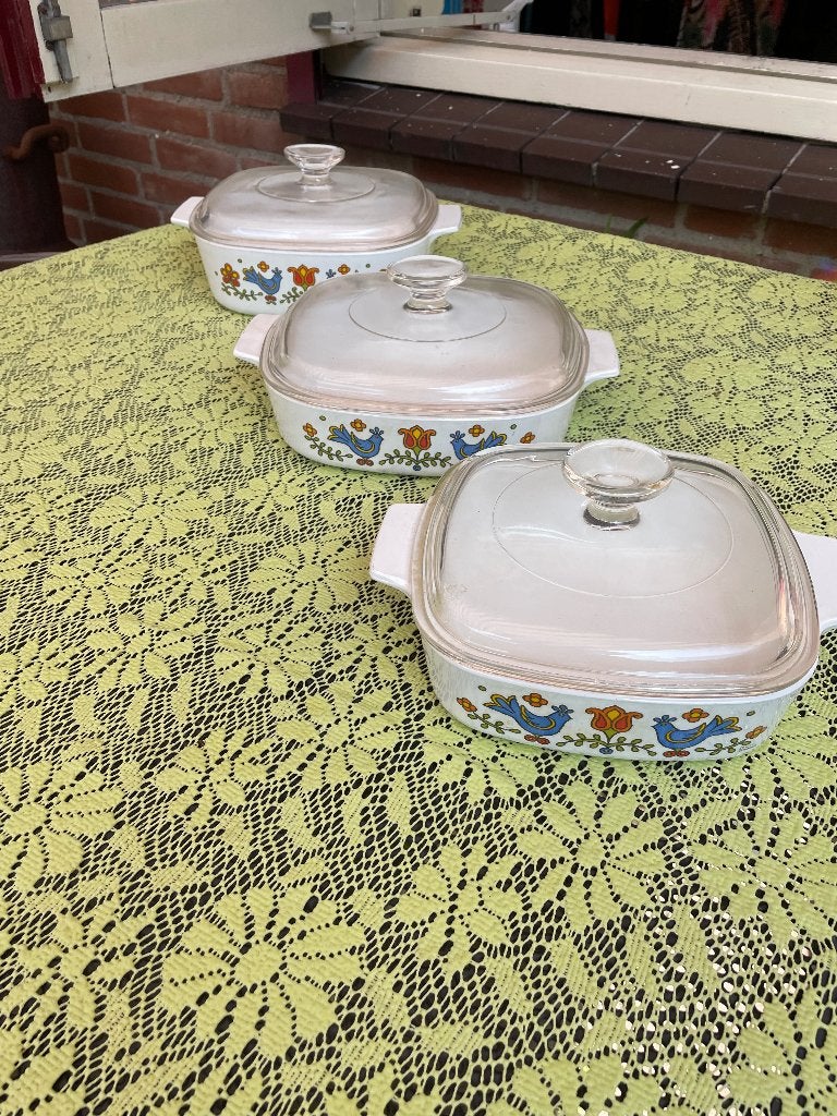 4 Puroflam Pyrex Country Festival Blue Birds oven schalen, Overige typen, Ophalen, Zo goed als nieuw, Overige materialen