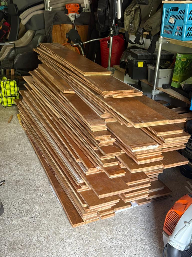 Franse eiken houten vloerplanken – ca. 35/40 m² + olie, Doe-het-zelf en Verbouw, Hout en Planken, Ophalen, Gebruikt, 25 tot 50 mm