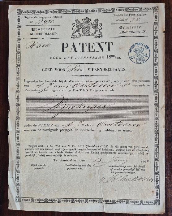 Patent Wijnkoper 1862 Noord-Holland, Postzegels en Munten, Ophalen, Voor 1920, Overige typen
