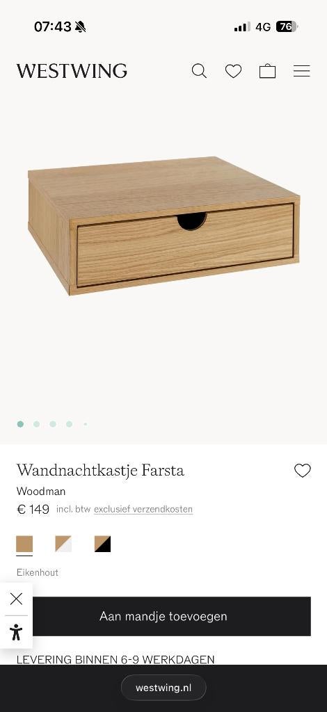 Wandnachtkastje Farsta (Westwing), Ophalen, Eikenhout, Nieuw, Minder dan 150 cm
