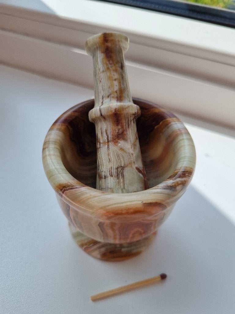 groen/bruin gemarmerd onyx vijzel, Ophalen of Verzenden, Groen, Overige typen, Natuurlijk materiaal