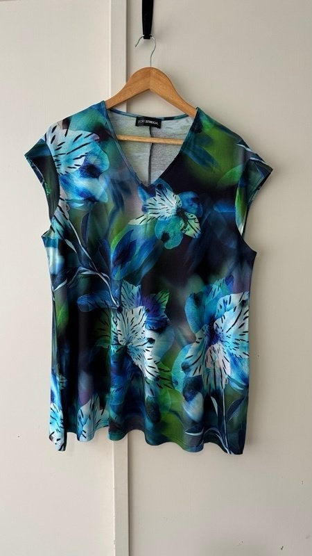 Doris Streich viscose top 46 lang bloem blauw groen elegant, Blauw, Doris Streich, Maat 46/48 (XL) of groter, Ophalen of Verzenden