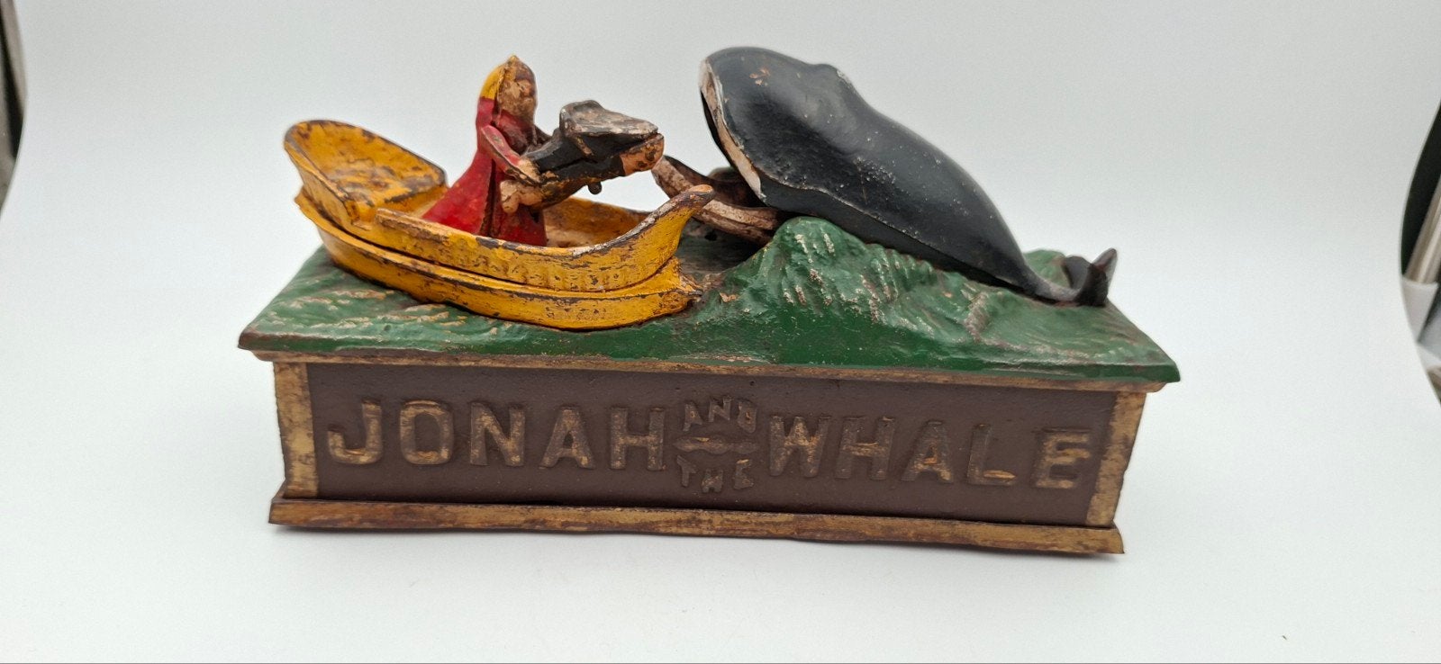 Gietijzeren spaarpot Jonas en de walvis, Antiek en Kunst, Ophalen of Verzenden