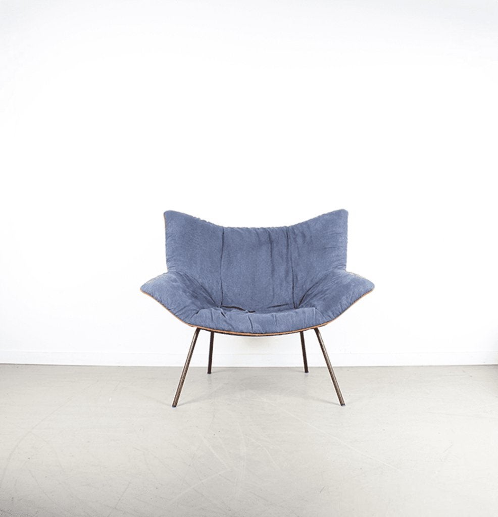 Label Gustav Fauteuil Blauw Stof/Cognac Leer - Staal, Niet ingevuld, Zo goed als nieuw, Niet ingevuld, Niet ingevuld