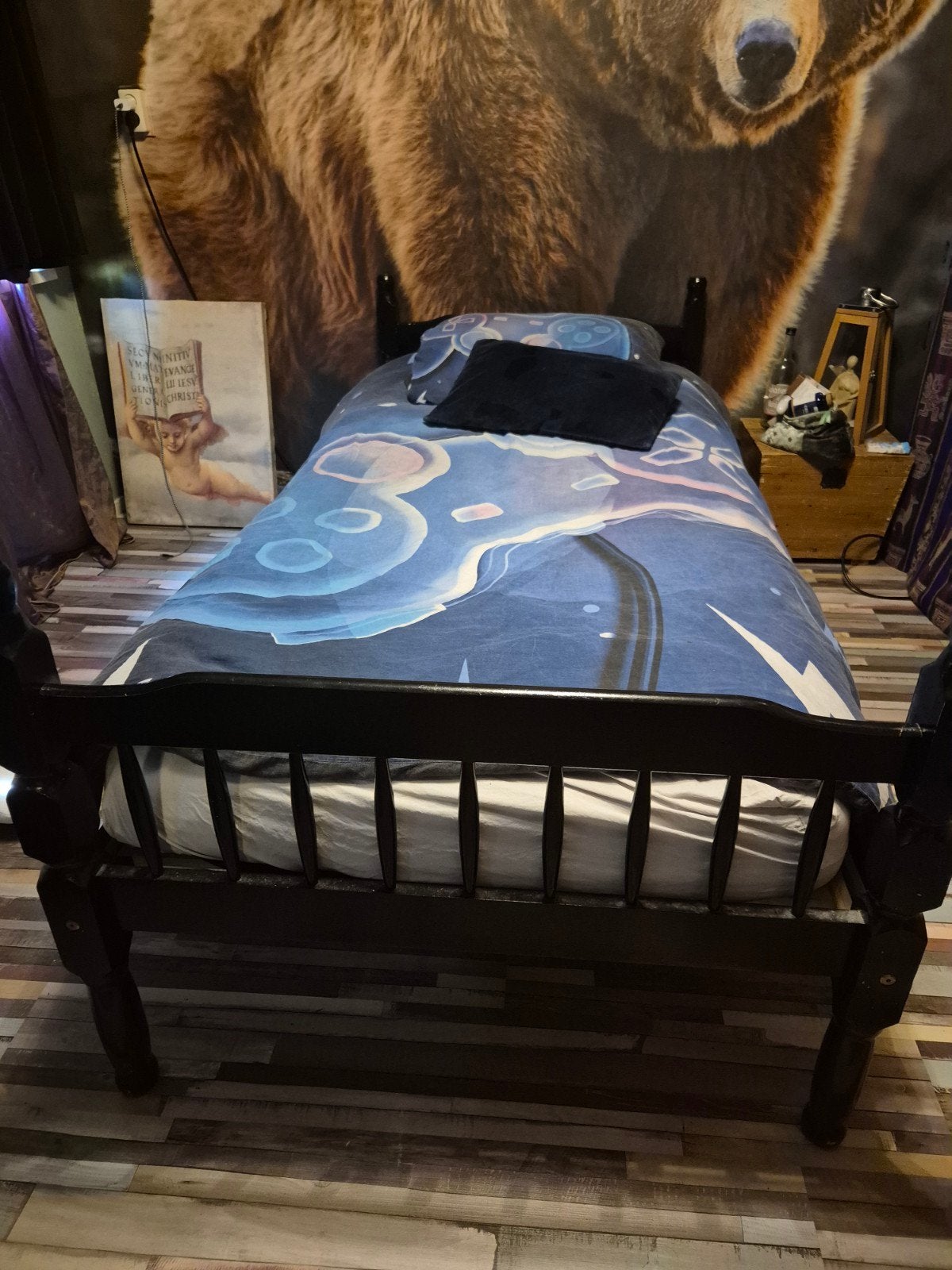 Zwart houten eenpersoonsbed met lattenbodem, Ophalen, Gebruikt, 90 cm, Eenpersoons