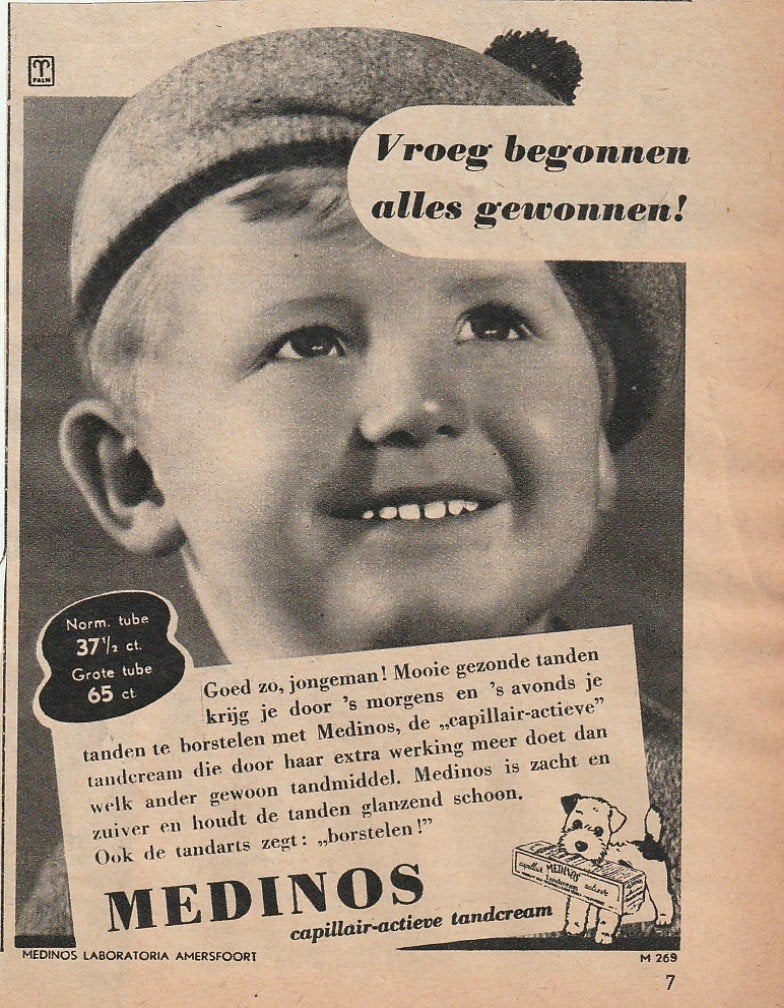 retro reclame 1947 Medinos schattig jongetje met petje, Verzenden, Overige typen