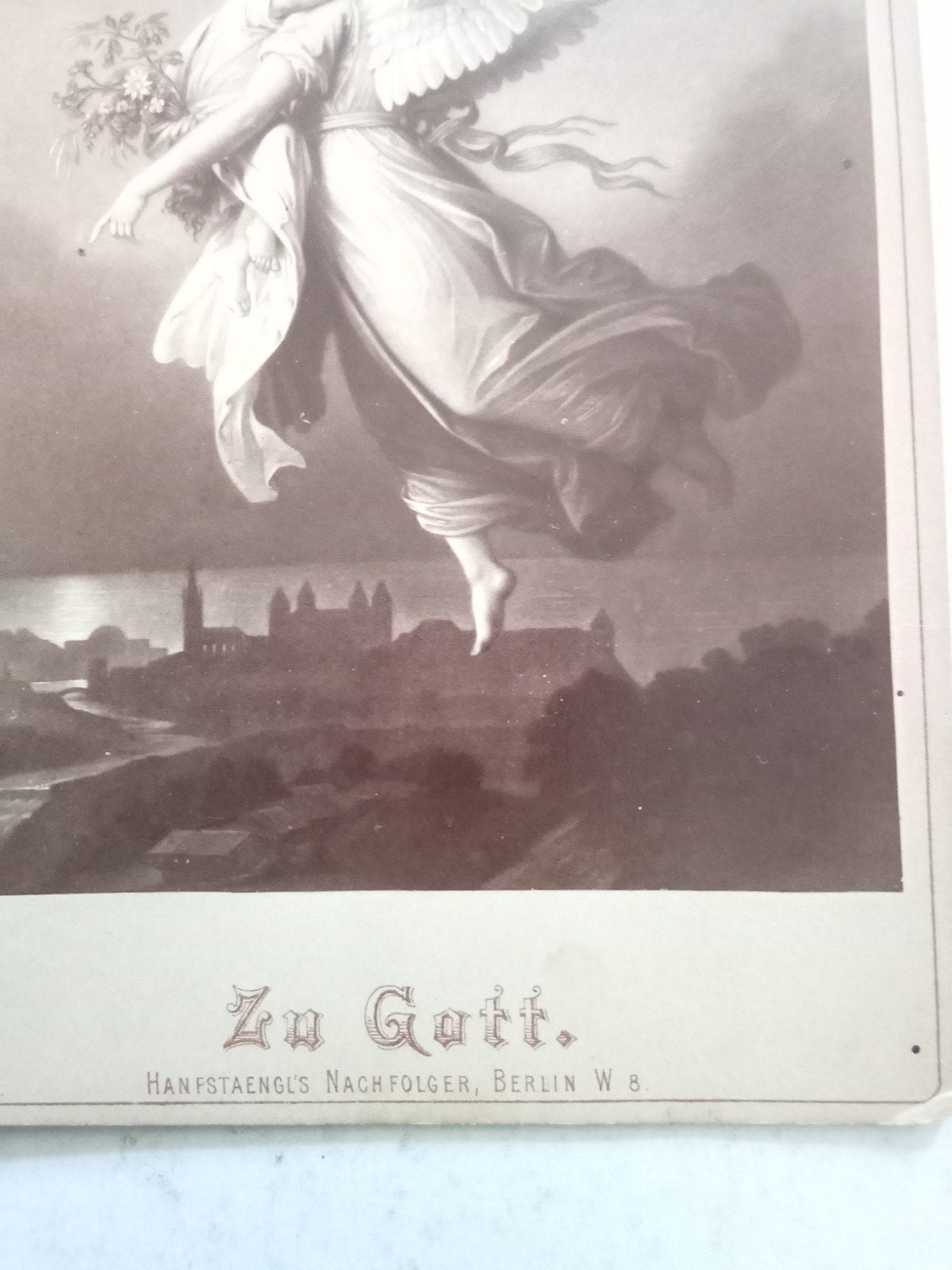 Antieke foto engel met bloemen, 'Zu Gott',, Ophalen of Verzenden, Voor 1940, Gebruikt