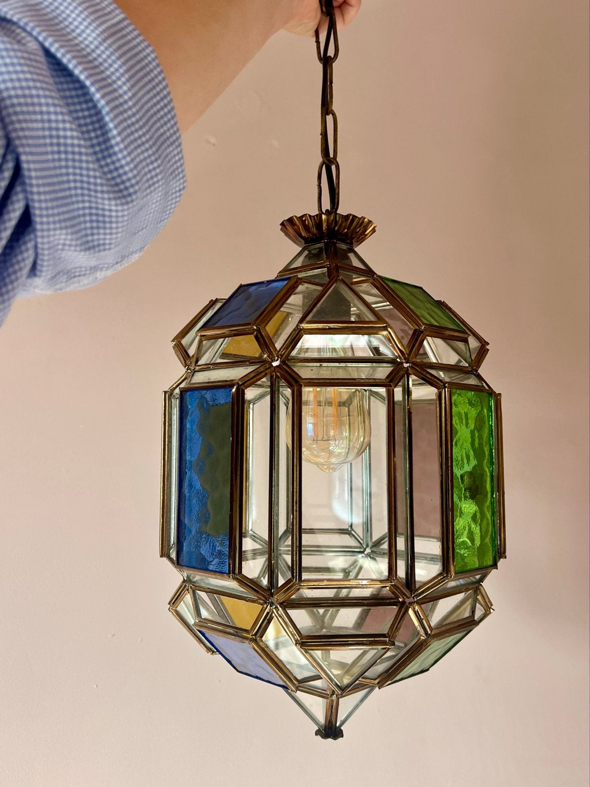 Vintage Statement Hanglamp - Mid-Century Glas & Messing, Gebruikt, Lisa, Vintage, Ophalen of Verzenden