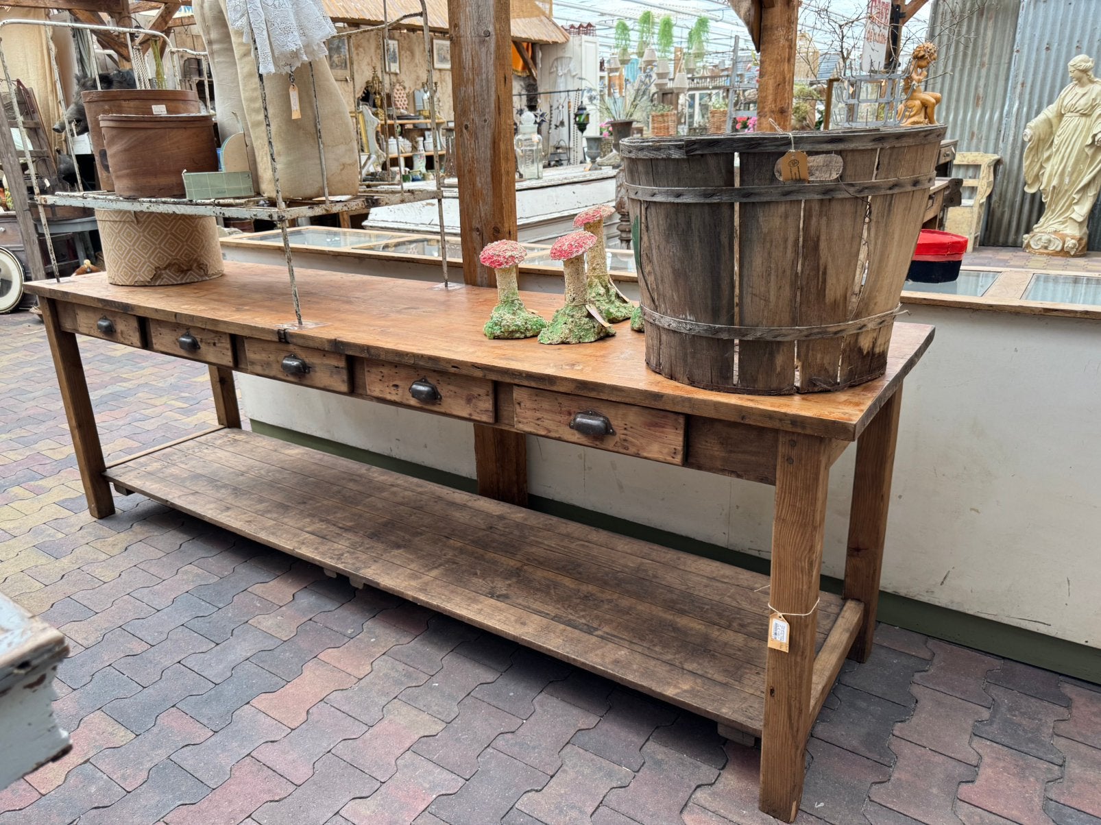 Oud-grenen, tafel, site-table,lades, 2.60 b, naturel, patina, Ophalen
