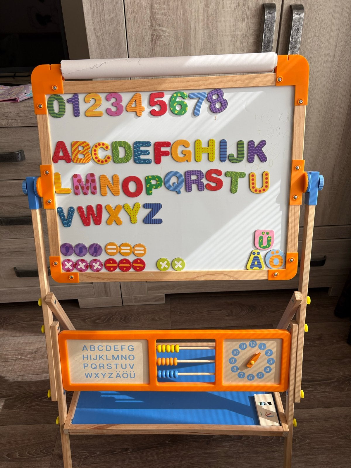 Houten 3-in-1 Tekenbord met Magneten, Telraam en Klok, Ophalen, Gebruikt, Knutselen