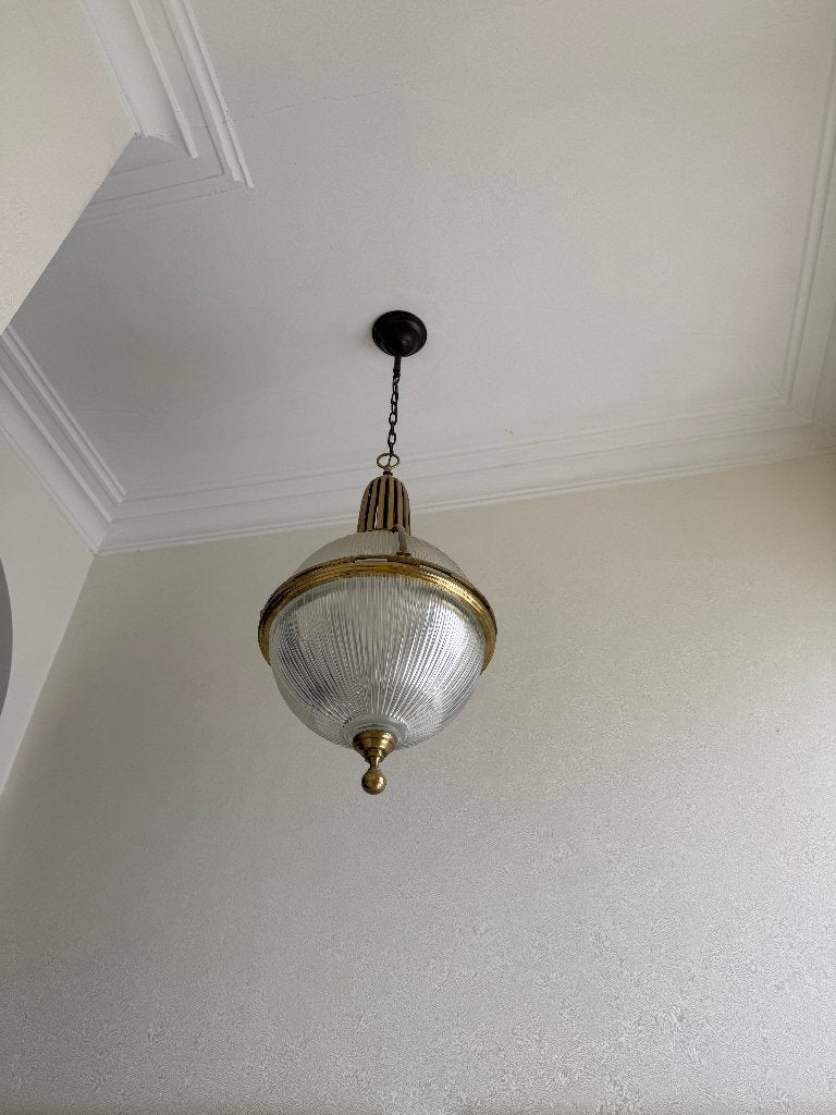 Vintage Art Deco hanglamp messing & geribbeld glas 1930-1950, Ophalen, Gebruikt, Glas, Art Deco