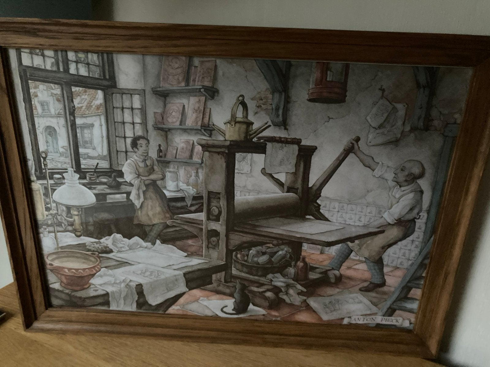 Anton Pieck reproductie in klassieke eikenhouten lijst, Ophalen of Verzenden