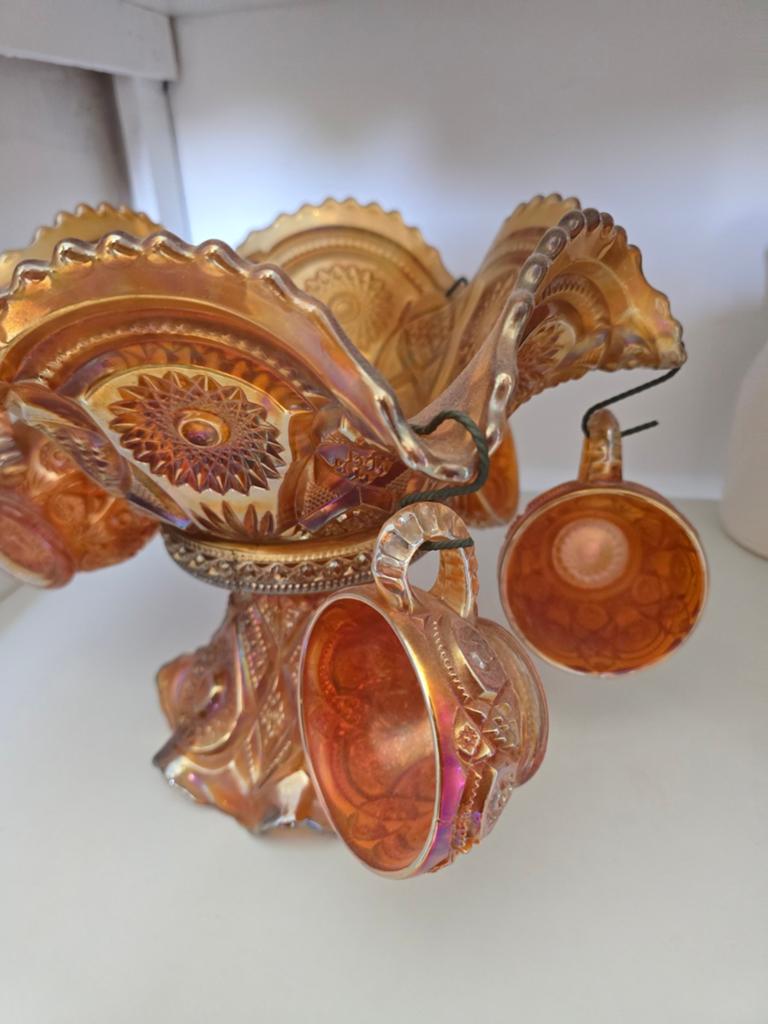 Vintage Karnival Marigold Punch Bowl Set met 5 Kopjes, Ophalen
