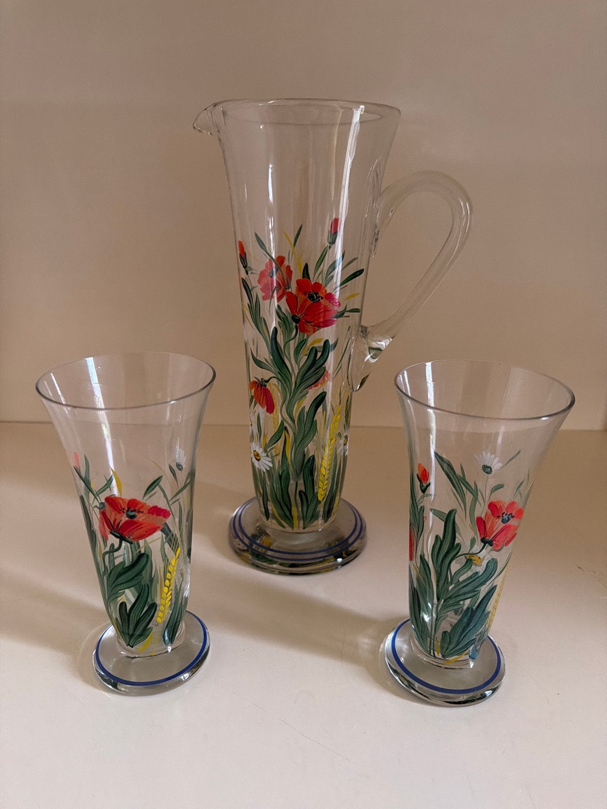 Mondgeblazen karaf 2 glazen – handbeschilderd bloemendecor, Verzenden