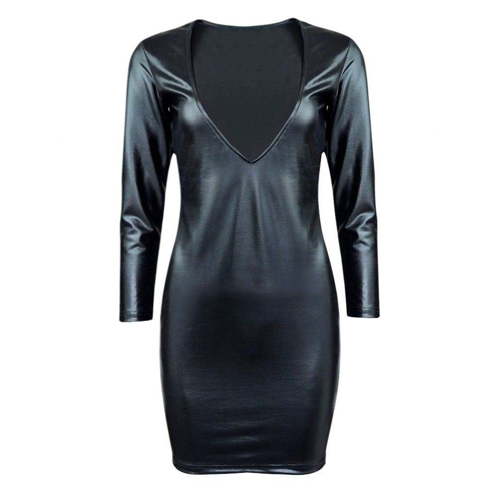 Zwarte v hals wetlook jurk leren lak sexy dames vrouwen, Kleding | Dames, Jurken, Maat 38/40 (M), Verzenden, Zwart, Nieuw