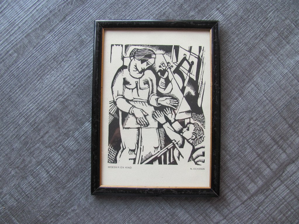 Moeder en kind - houtsnede van Nicolaas Eekman (1889-1973), Dagelijks leven, 19 cm, Houtsnede, 15 cm