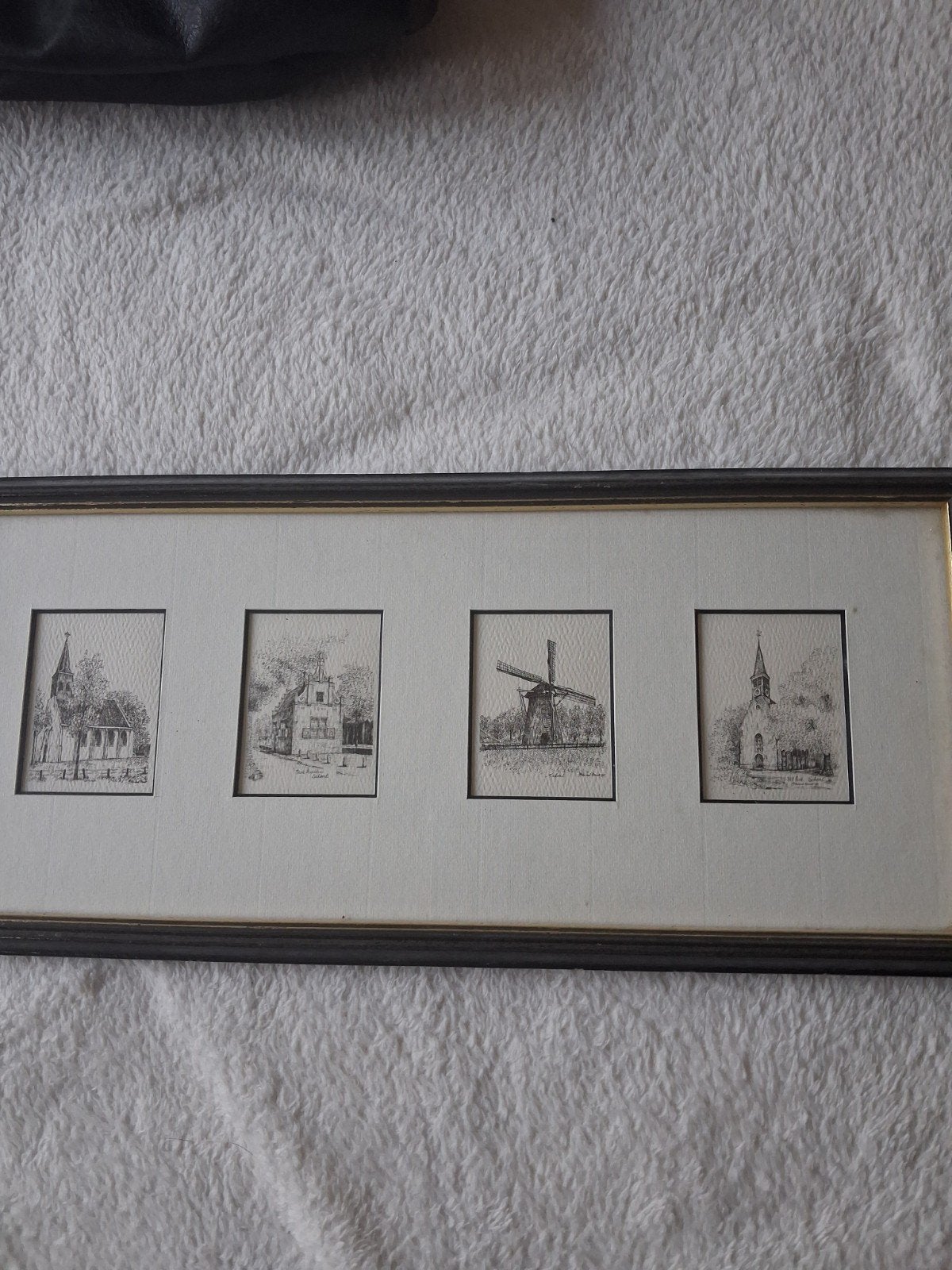 Set van 4 etsen: Molen, Oude Raadhuis, Schoorl, Antiek en Kunst, Ingelijst, Ophalen of Verzenden, Landschap, 1950 - 1999