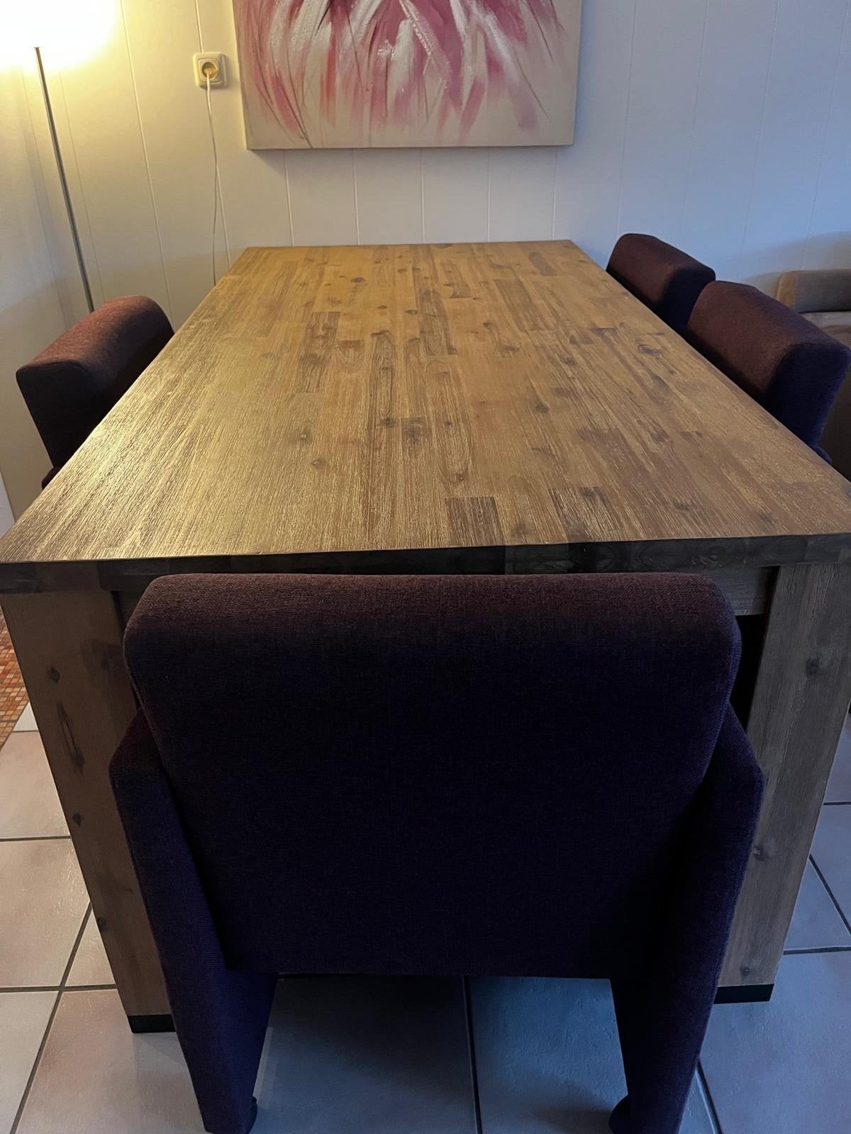 eettafel van accacia hout met 4 stoelen, Ophalen, 50 tot 100 cm, Zo goed als nieuw, 150 tot 200 cm
