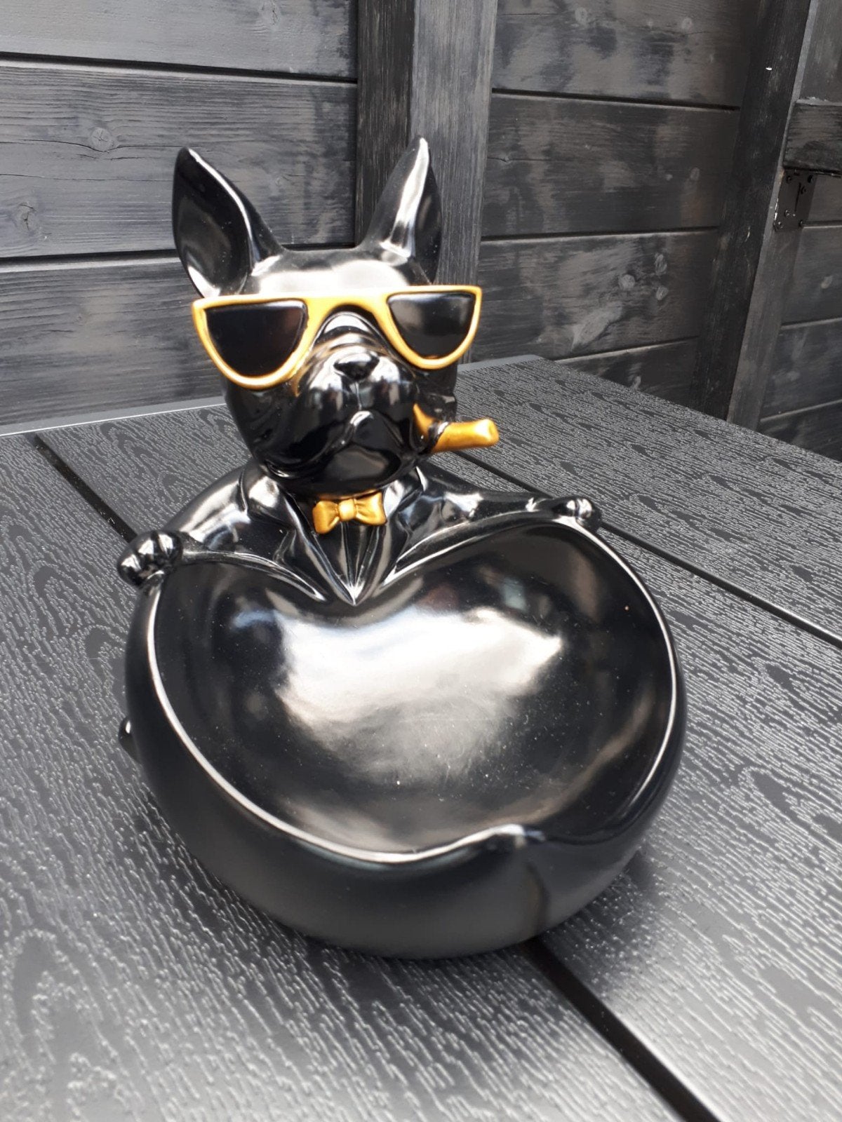 Zwarte snoepschaal zwart goud bulldog, Ophalen, Zo goed als nieuw, Rond, Overige materialen