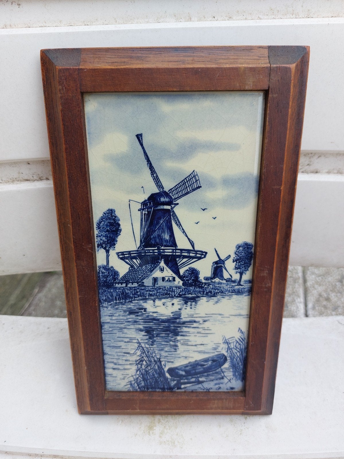 Delfts Blauw Tegeltableau met Molens in Houten Lijst ophalen, Antiek en Kunst, Ophalen of Verzenden
