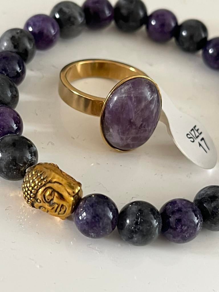 SETJE AMETHIST echt edelsteen ring + armband, Sieraden, Tassen en Uiterlijk, Armbanden, Overige materialen, Paars, Nieuw, Ophalen of Verzenden