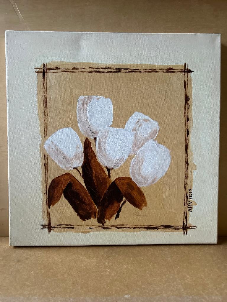 Handgeschilderd schilderijen bloemen 50 x 50 4 stuks canvas, Antiek en Kunst, Ophalen
