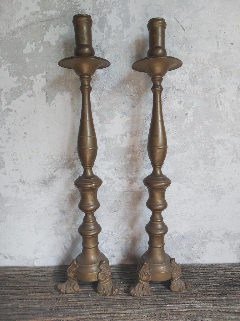 Paar hoge antieke (altaar) kandelaars 42cm, Ophalen of Verzenden