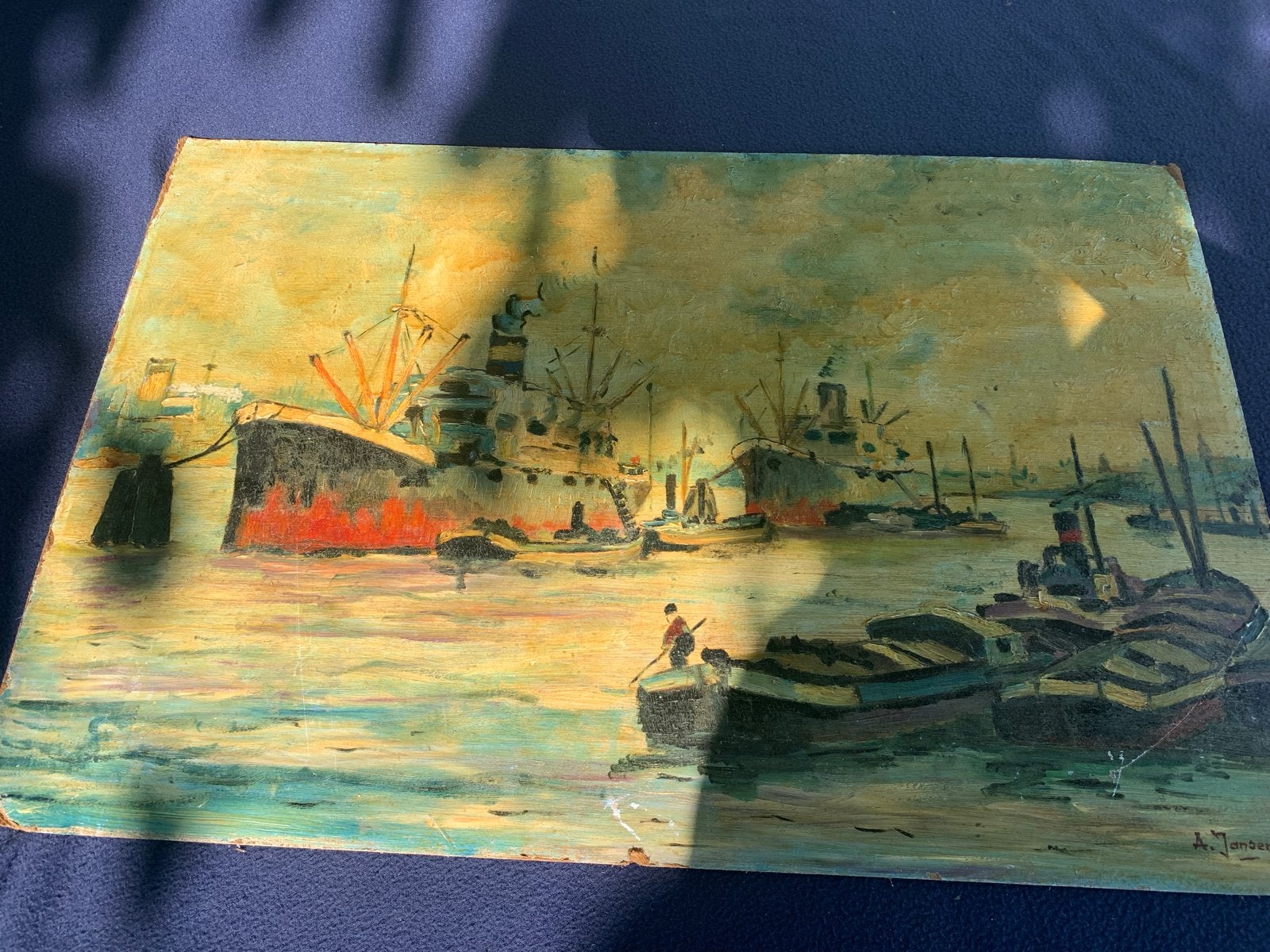 Vintage Schilderij Havenzicht met Schepen, Ophalen
