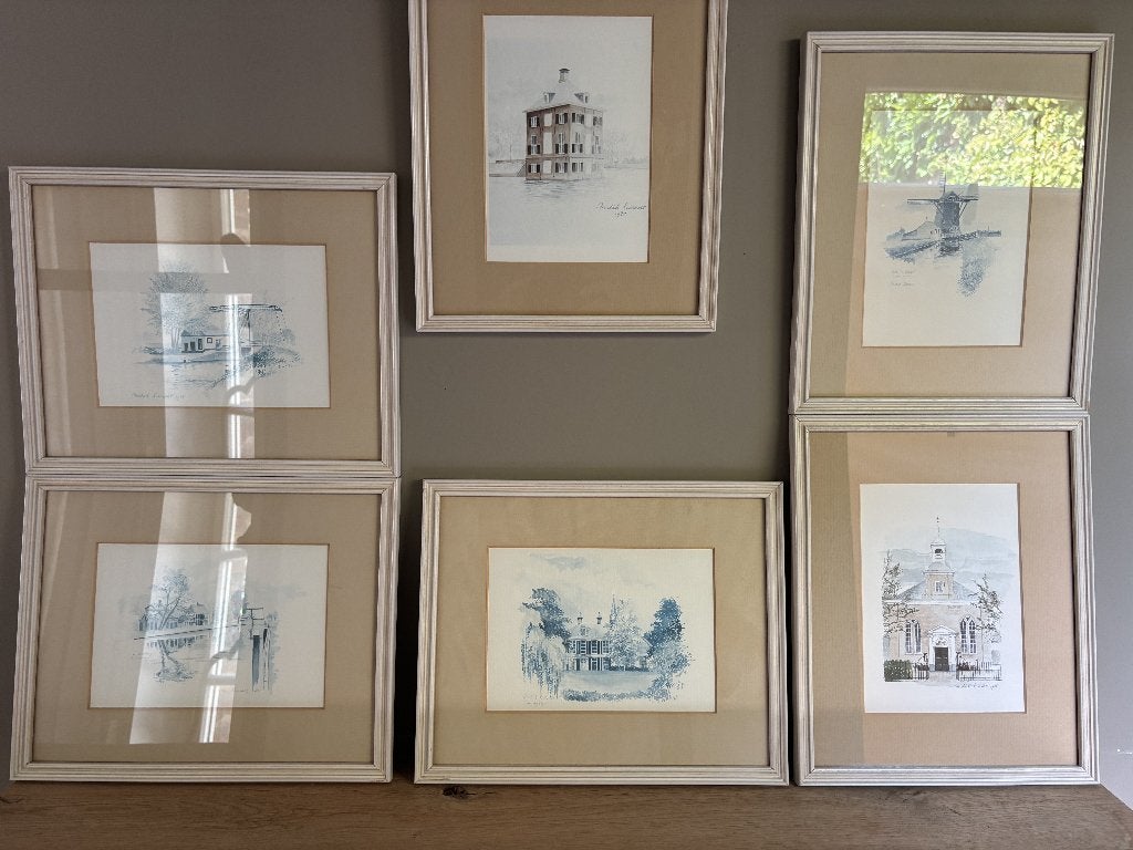 6 originele aquarellen Voorburg (NL) – Michiel Laernoes, Antiek en Kunst, Realistisch, Bijzondere lijst, Ophalen of Verzenden